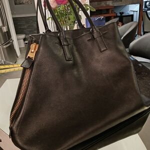 Tom Ford Black Leather Tote with Gold Zipper Accents